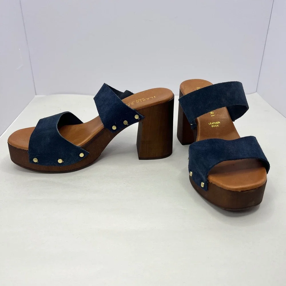 Blue Suede Platform Clog Sandals Women 6.5 Studded Wood Block Heel Boho Festival